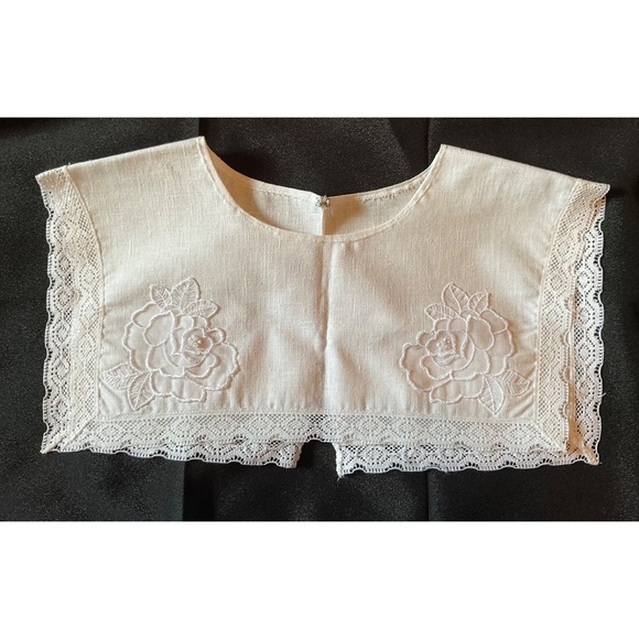 Other - Linen Bib Collar/Dickey Lace Embroidery Floral Retro Scalloped Trim Ivory Pearls